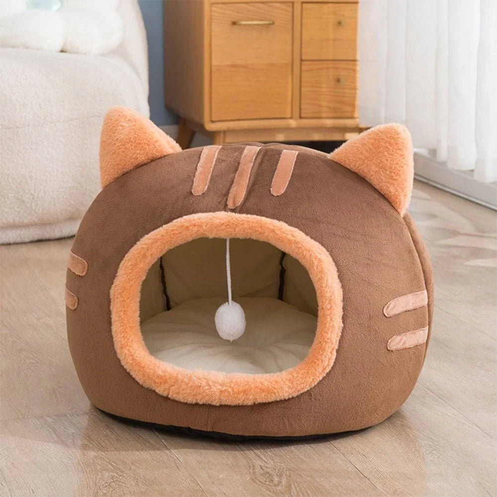 fluffy cat bed with ears Pink / L