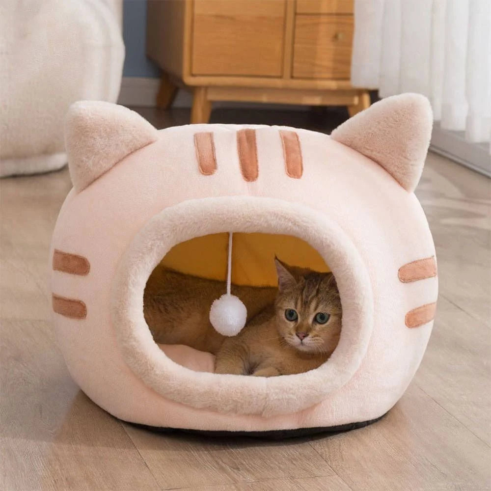 fluffy cat bed with ears Pink / L