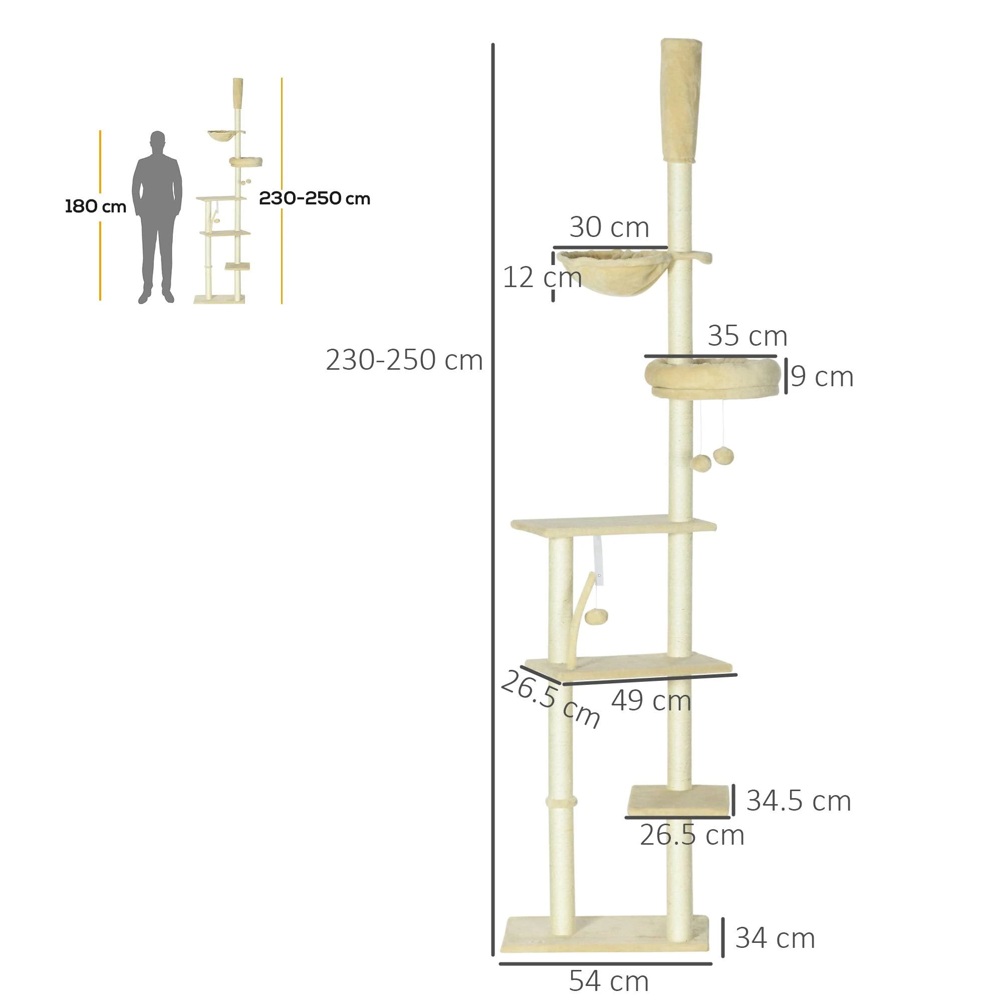 PawHut Floor To Ceiling Climbing Cat Tree Tower 230-250cm Height Beige