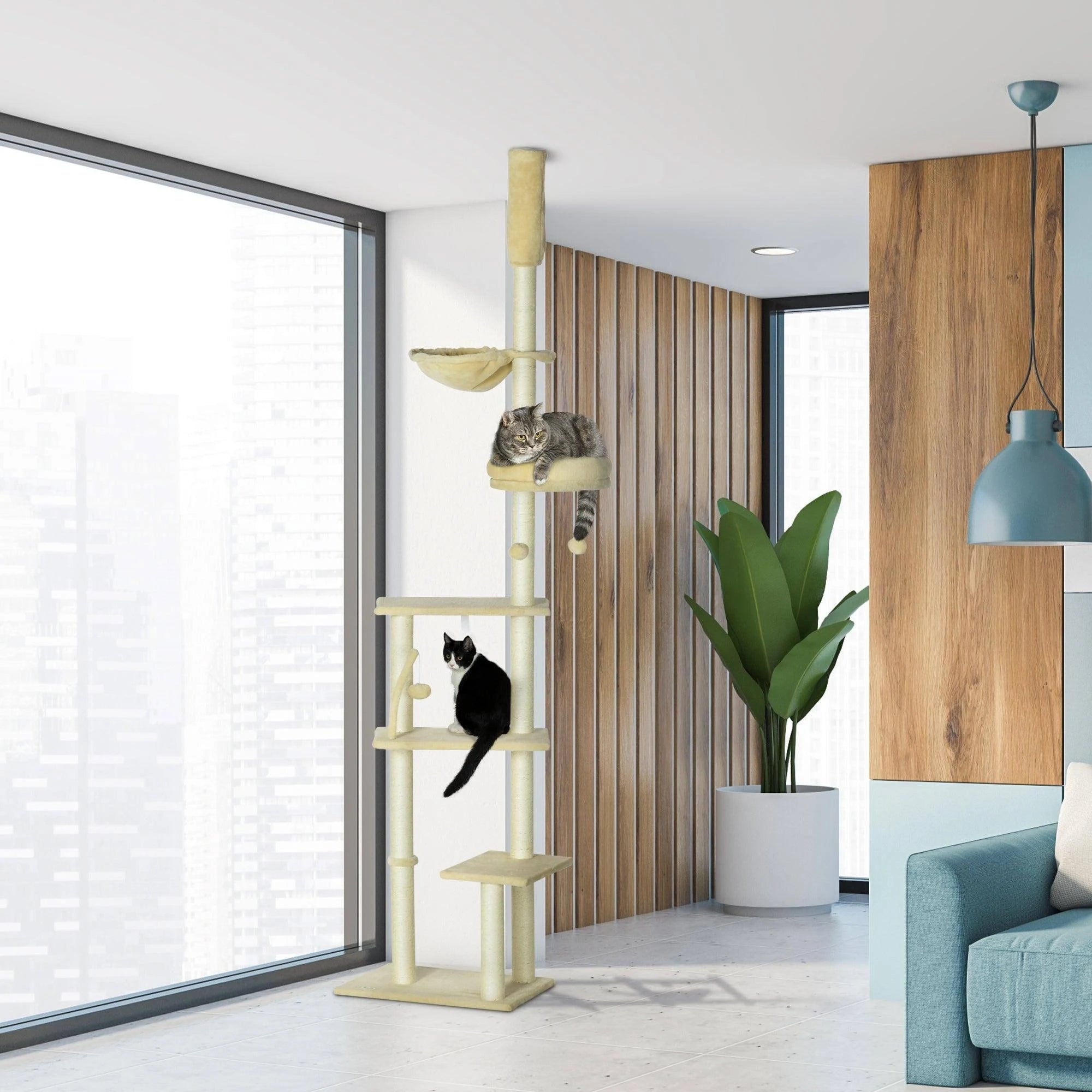 PawHut Floor To Ceiling Climbing Cat Tree Tower 230-250cm Height Beige