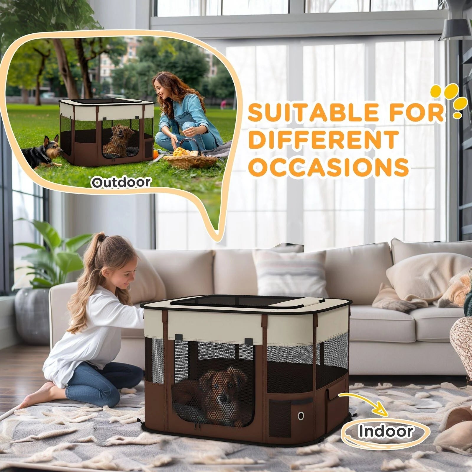 PawHut Portable Dog Pen For Puppies Rabbits Kittens Guinea Pigs Brown