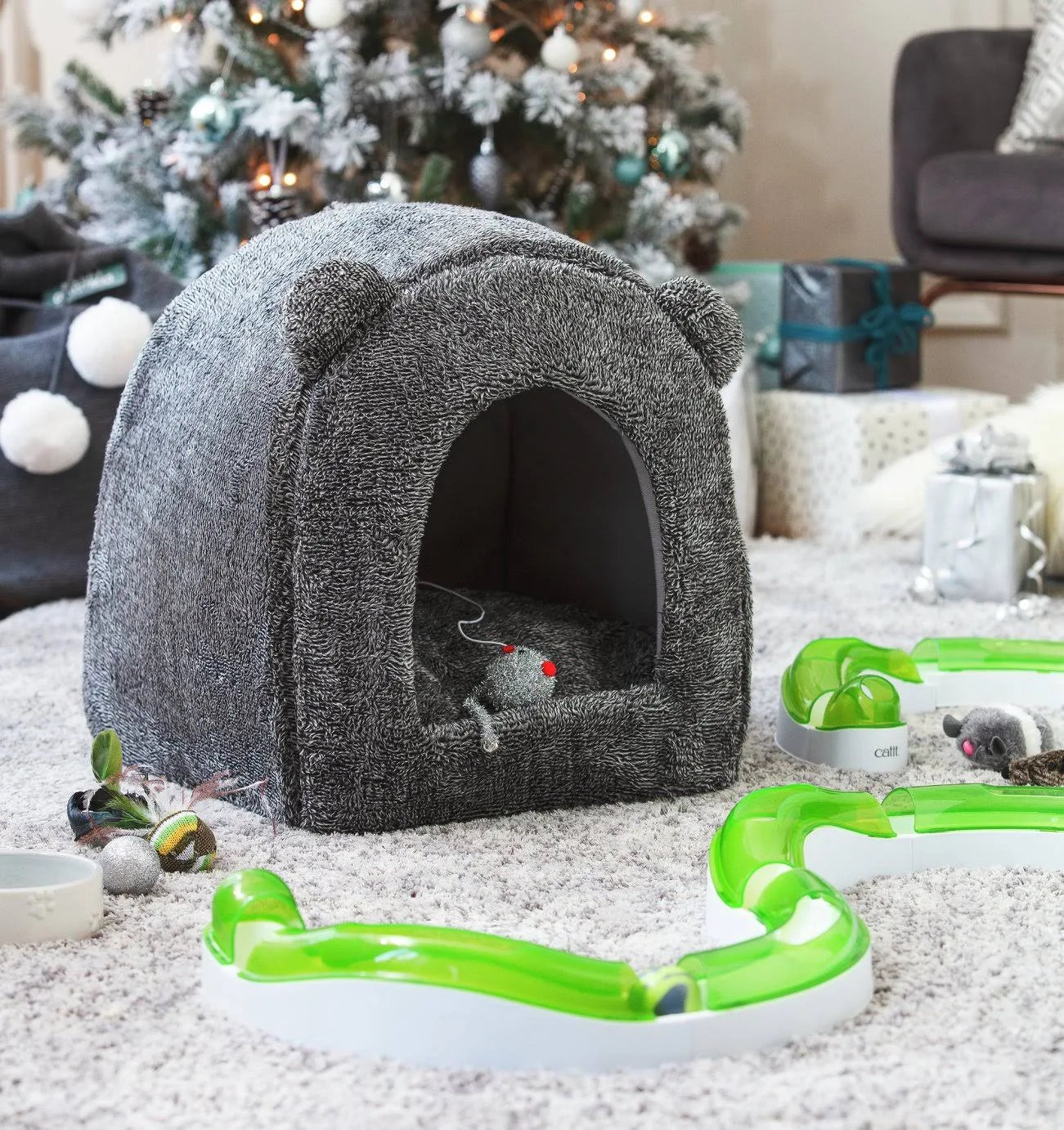 Rosewood Grey Teddy Bear Cat Bed - Small