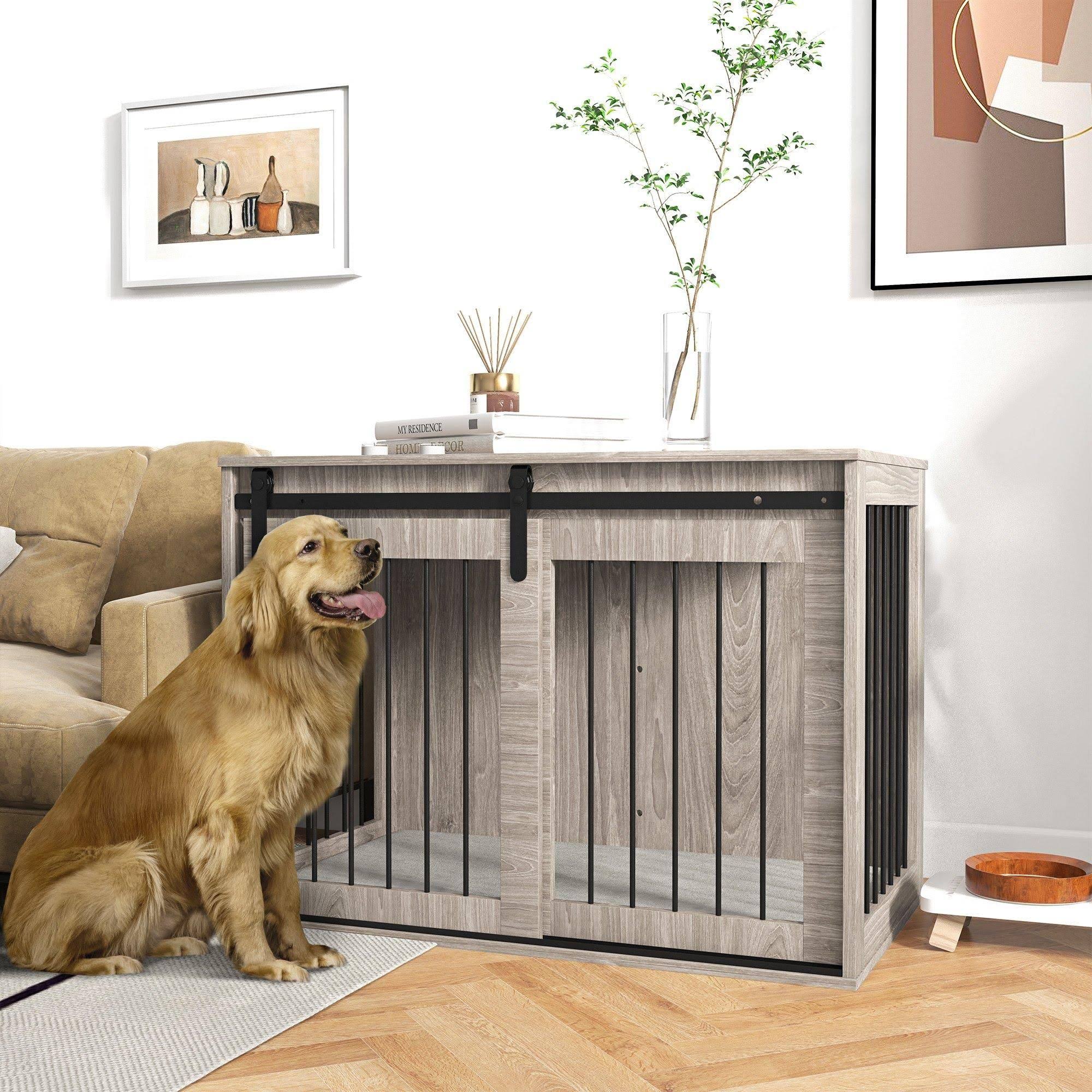 PawHut Dog Crate Furniture W/ Cushion For Large Dogs- Brown