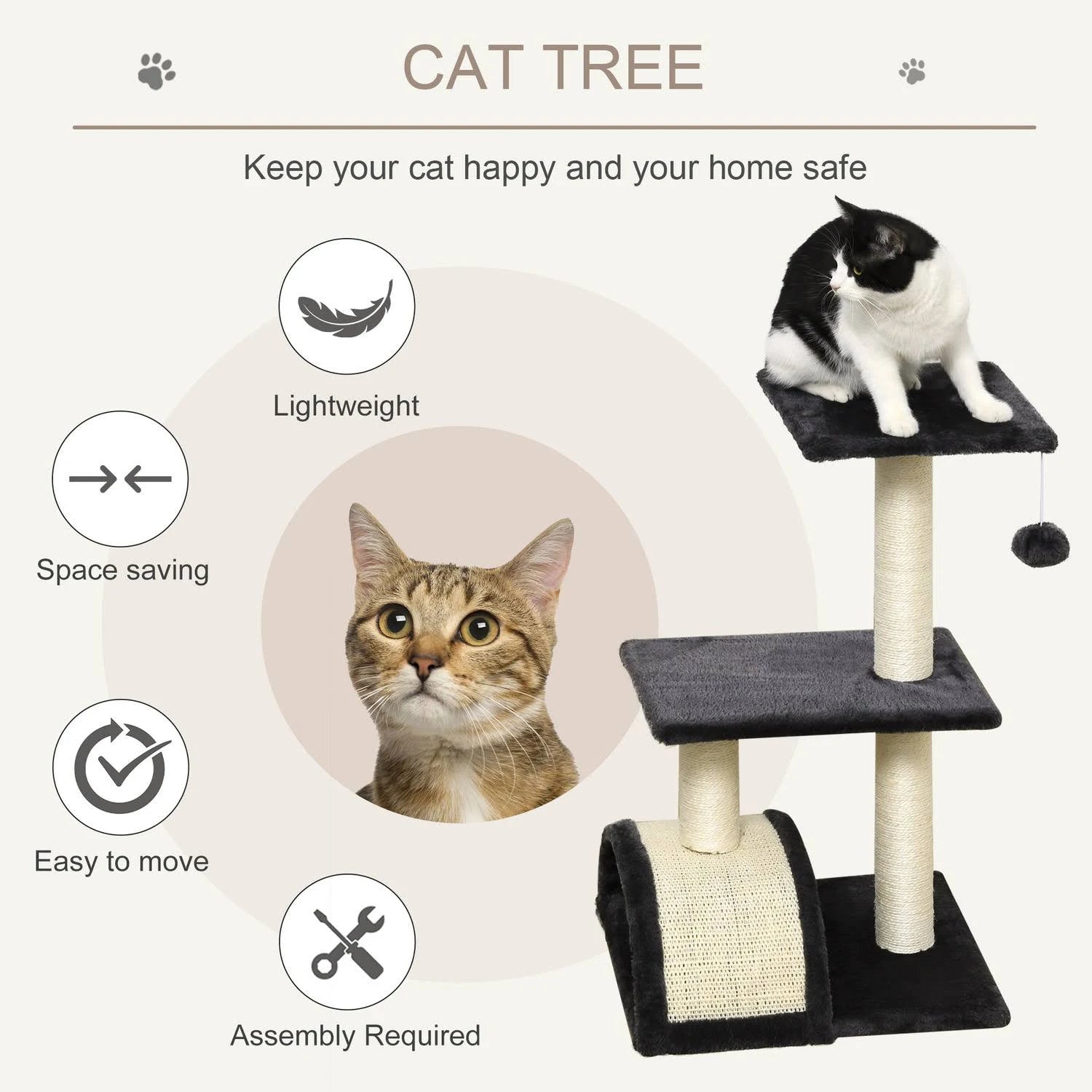 Pawhut Cat 72cm Tree Tower for Indoor Cats with Scratching Post D30 351 - Black