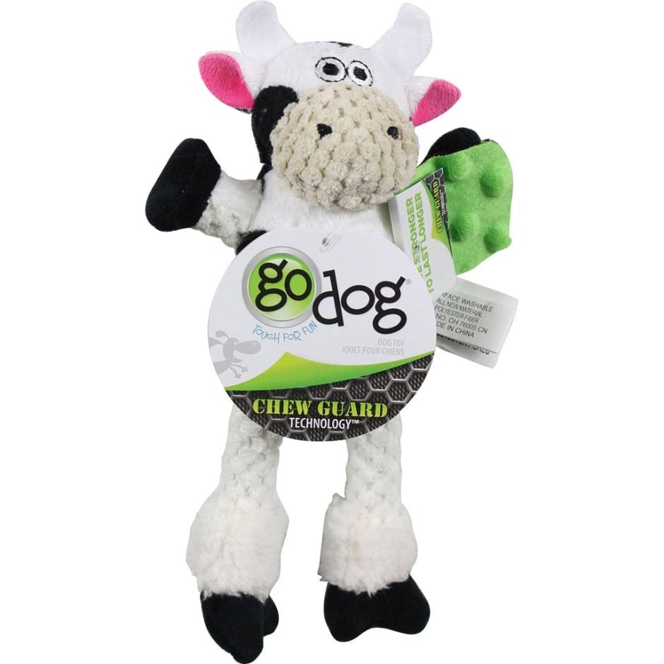 GODOG Checkers Squeaky Plush Dog Toy, Skinny Cow