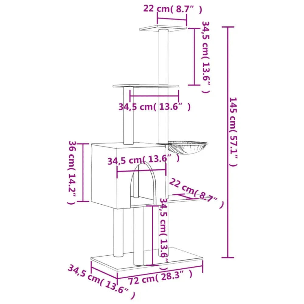 vidaXL Cat Tree with Sisal Scratching Posts Light Grey 145 cm