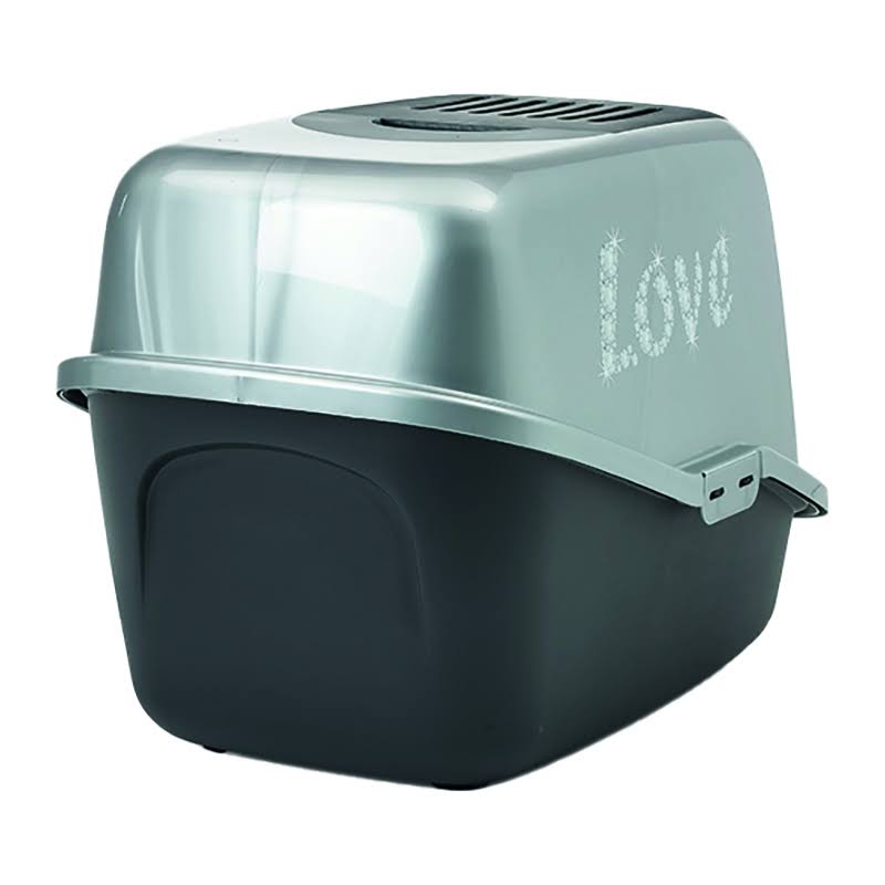 Savic Black & Silver Nestor Impression Litter Box with Love Design