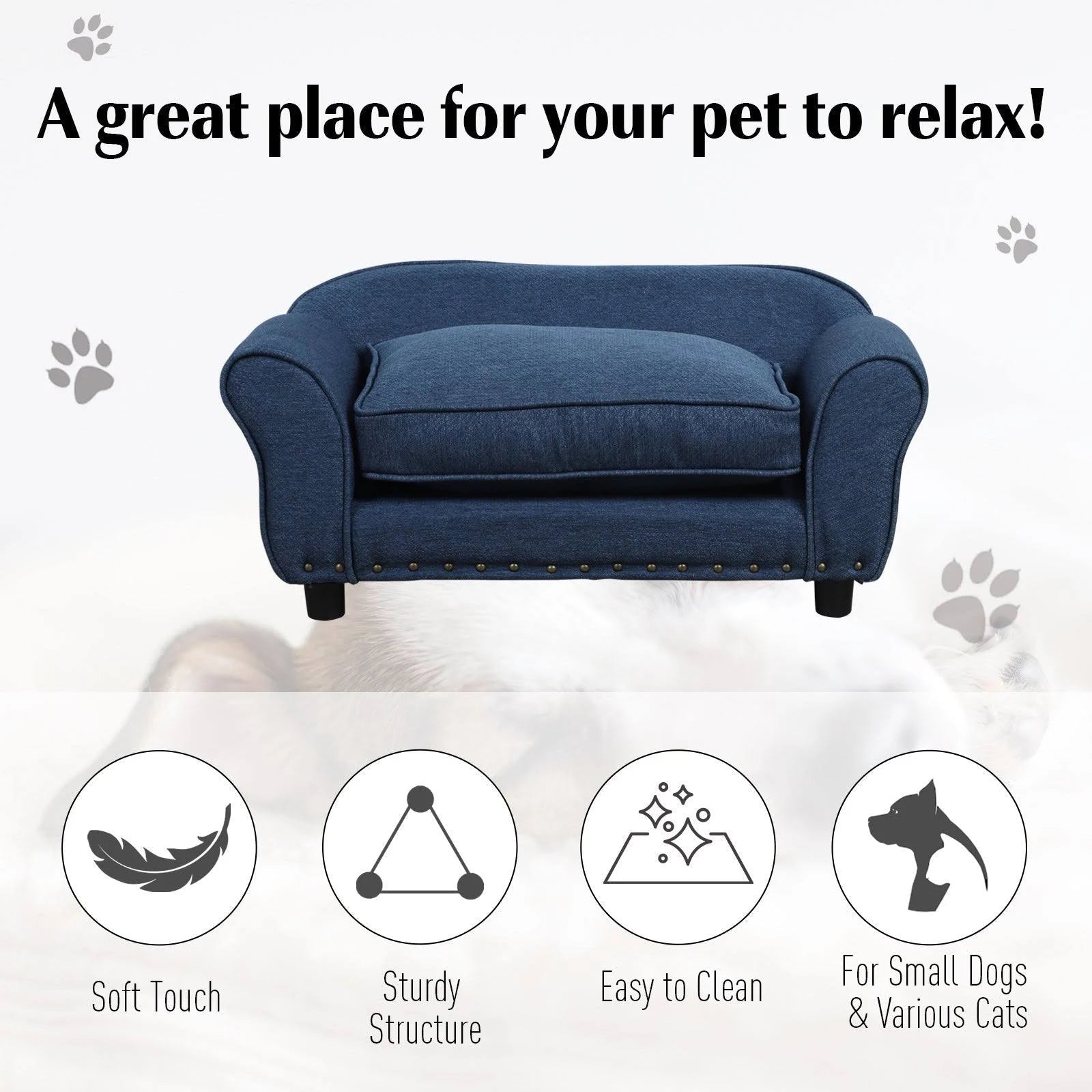 PawHut Stylish Linen Pet Sofa W/ Wood Frame & Metal Studding Legs Dog - Blue