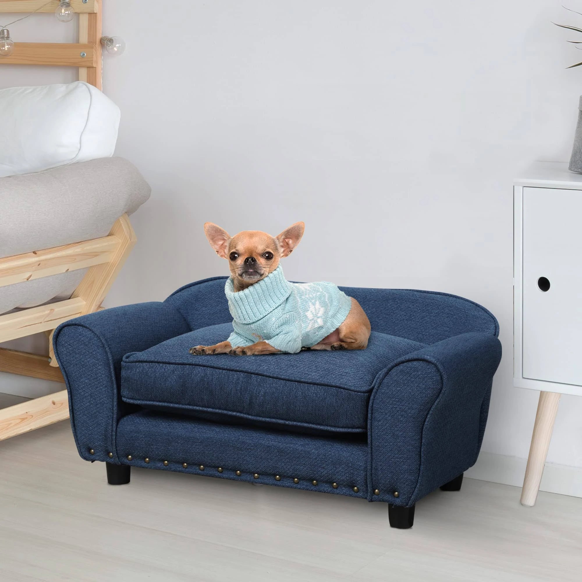PawHut Stylish Linen Pet Sofa W/ Wood Frame & Metal Studding Legs Dog - Blue