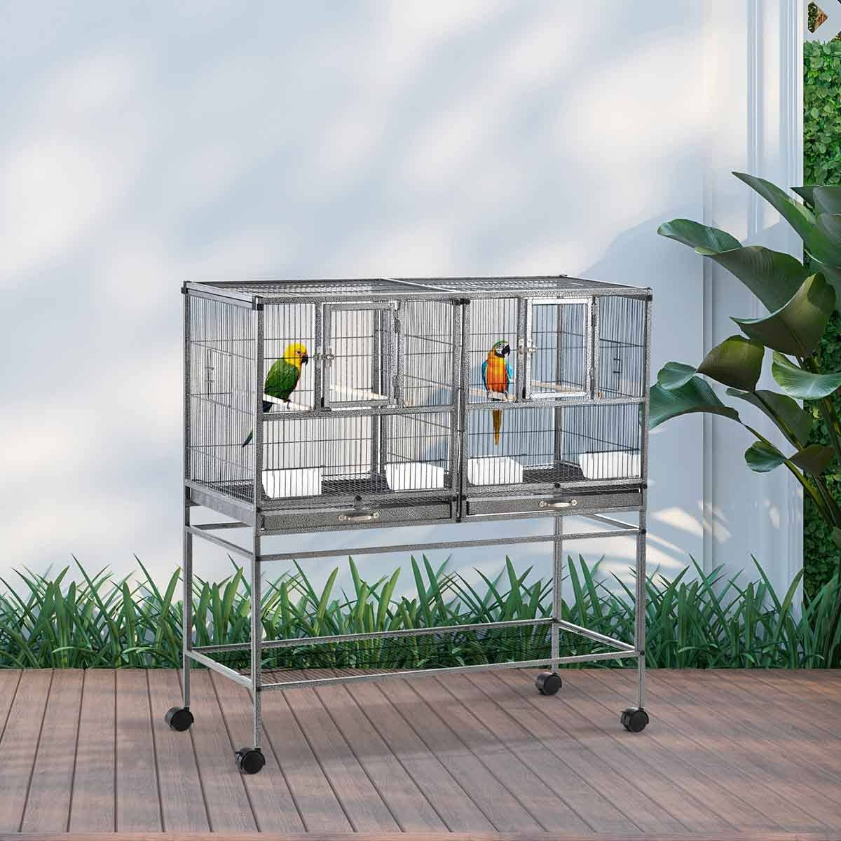 PawHut Double Rolling Bird Cage W/ Removable Metal Tray and Storage