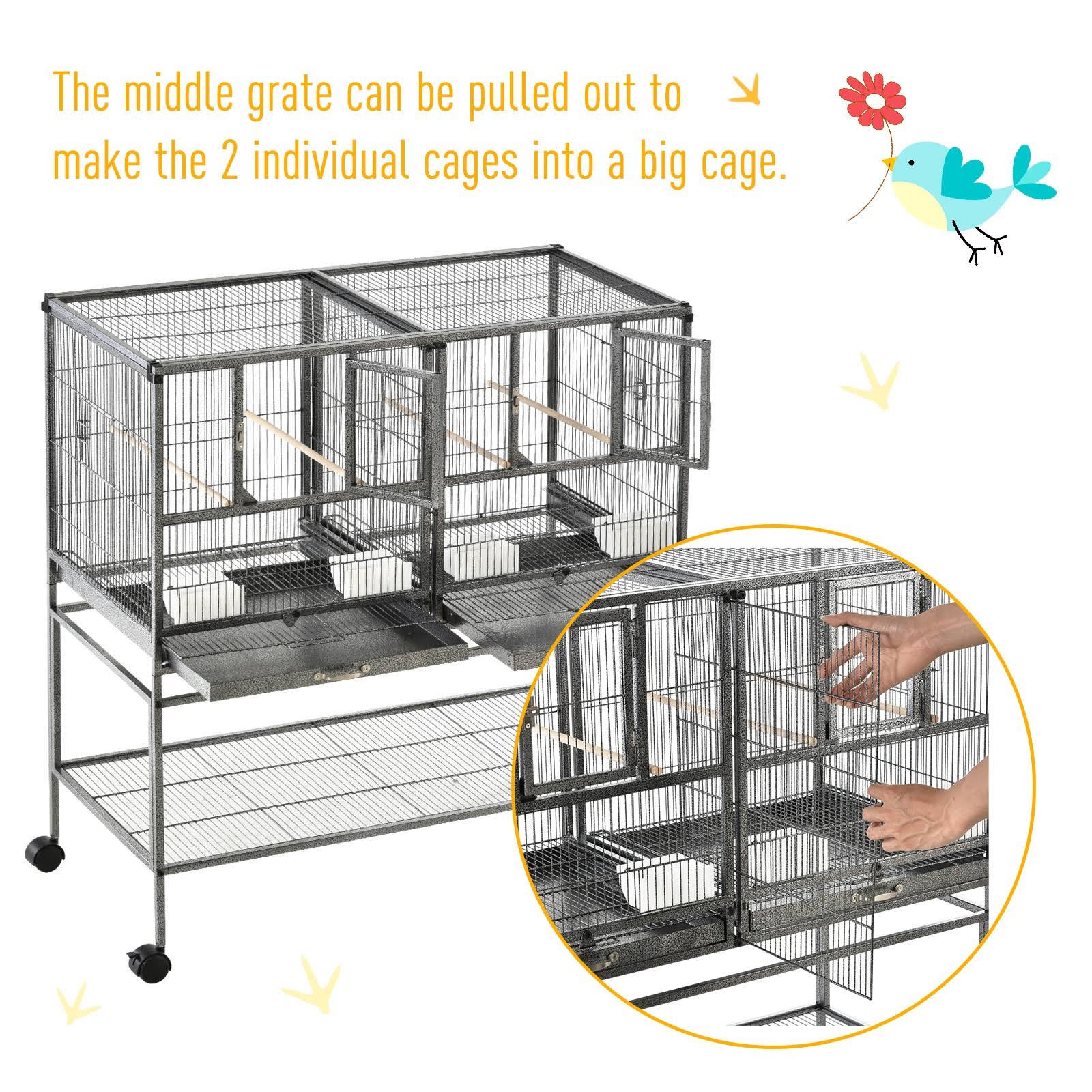 PawHut Double Rolling Bird Cage W/ Removable Metal Tray and Storage