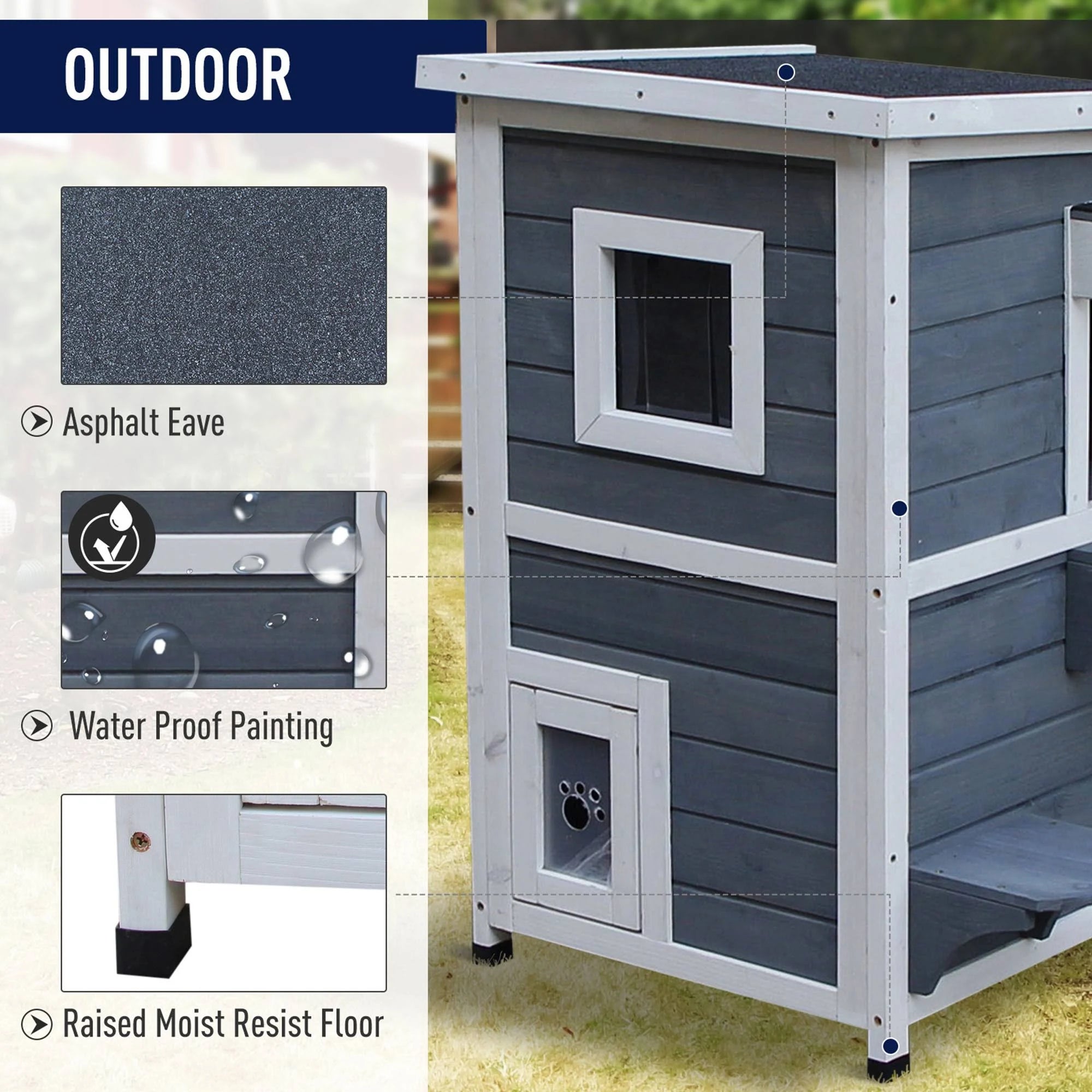 PawHut Solid Wood 2-Floor Cat Condo Kitten Shelter with Window