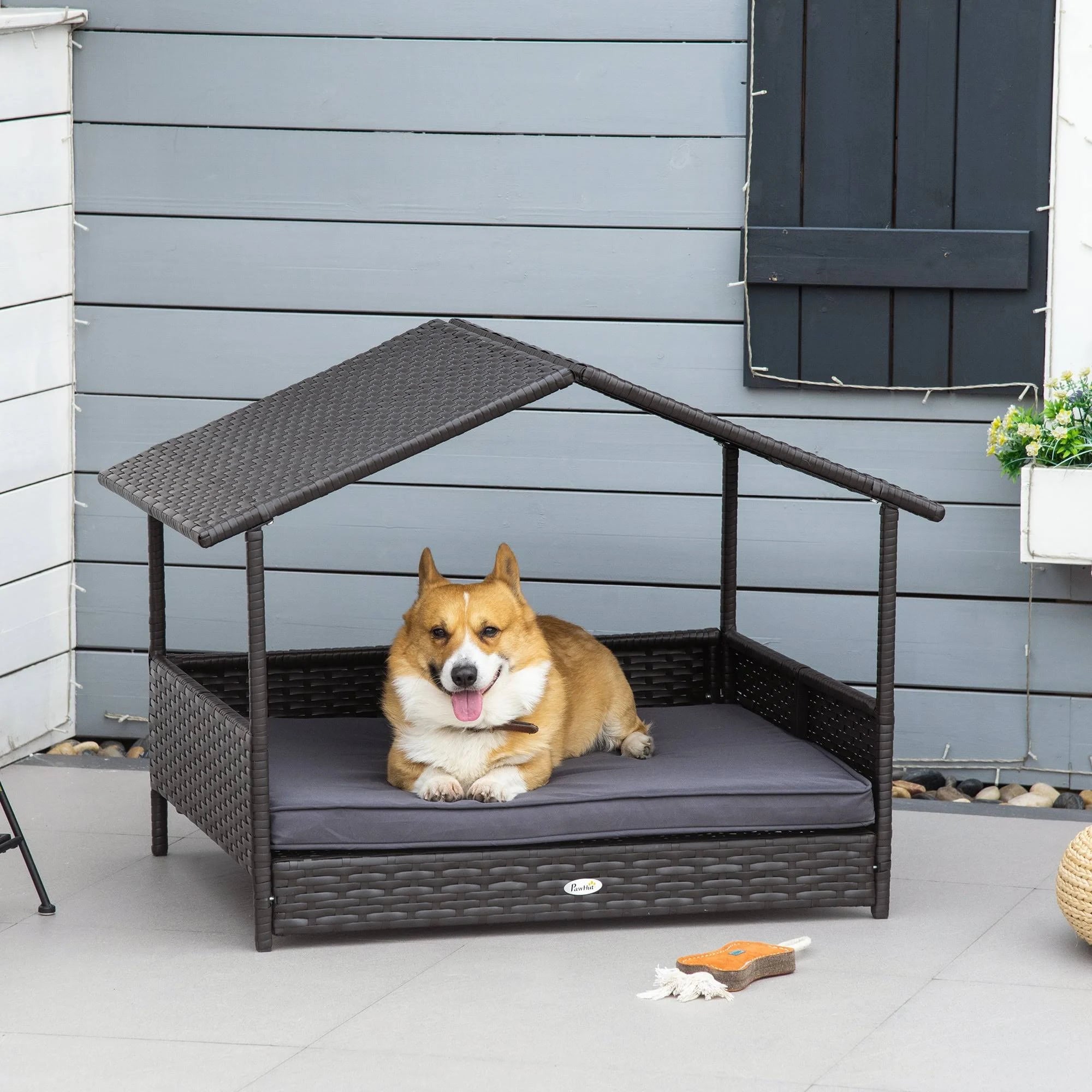 PawHut Elevated Rattan Dog Bed Pet Home Indoor Outdoor Wicker Dog Cat Dog House ...