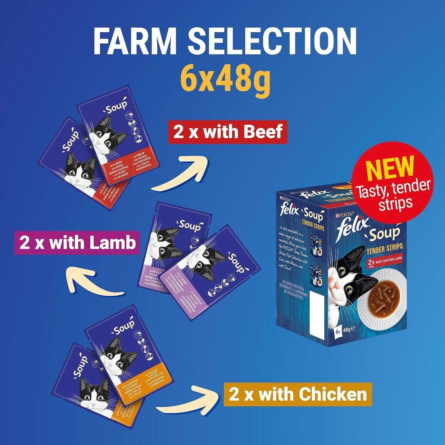 Felix Soup Cat Food Tender Strips Farm Selection Food 48 G Pack of 48