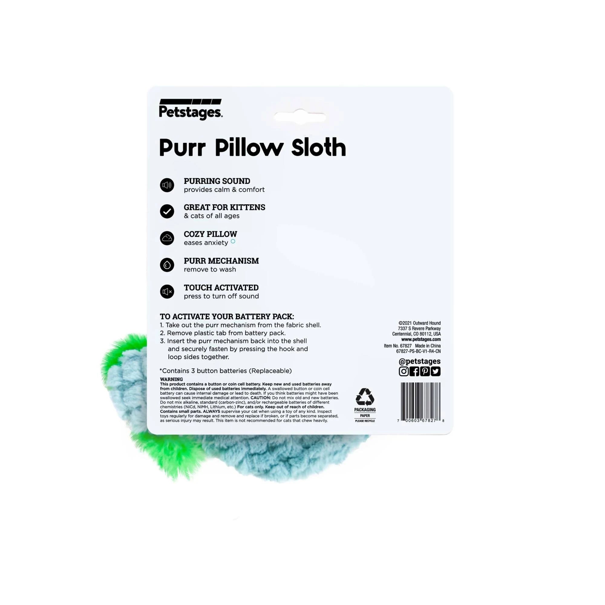 Petstages Purr Pillow Snoozin Sloth Soothing Plush Cat Toy