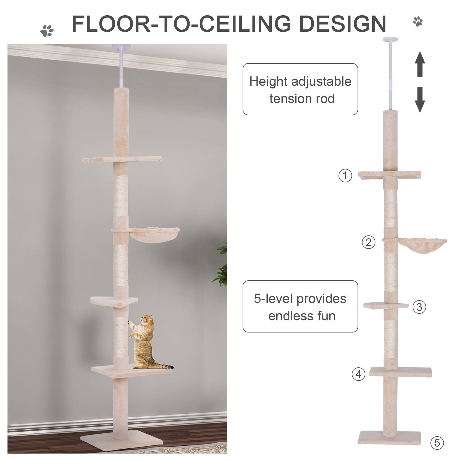 PawHut Adjustable 5-Tier Cat Floor To Ceiling Scratching Tree - Beige