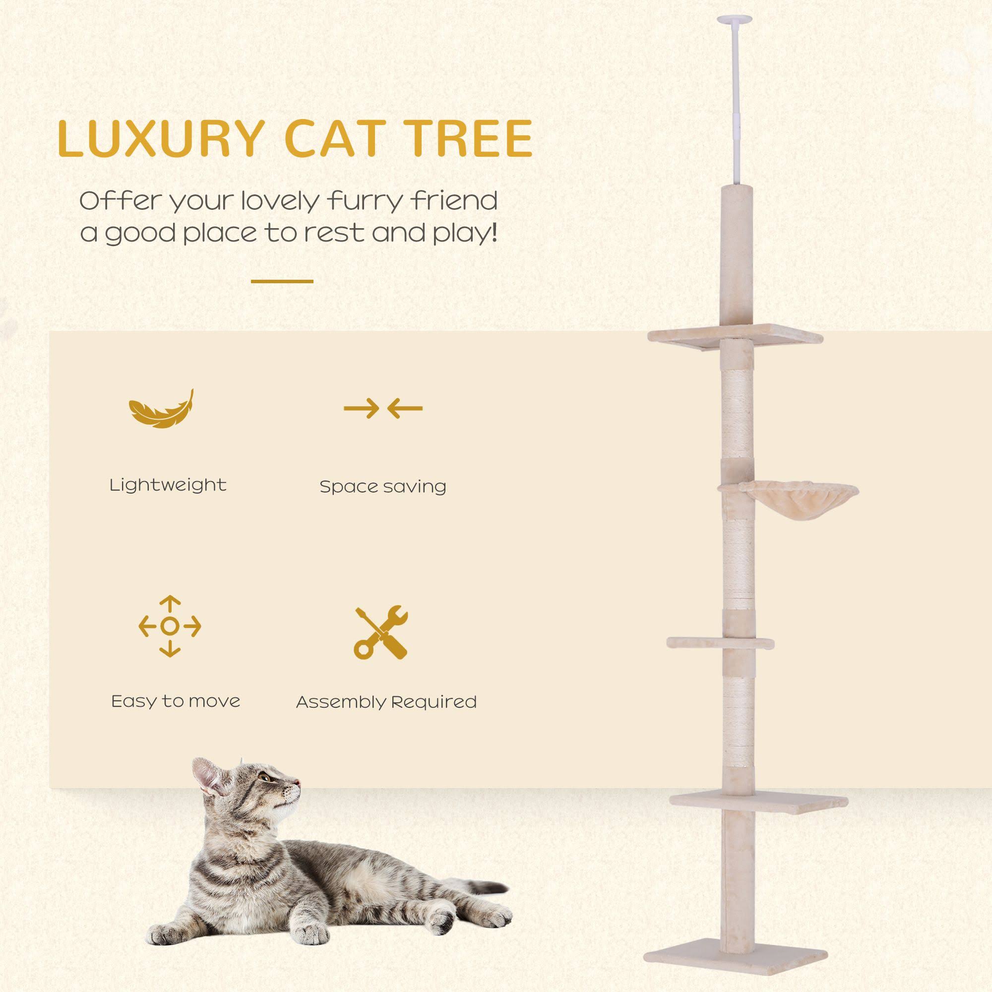 PawHut Adjustable 5-Tier Cat Floor To Ceiling Scratching Tree - Beige