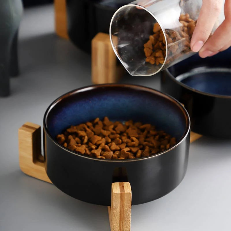 Ceramic Twin Pet Bowl with Wooden Stand