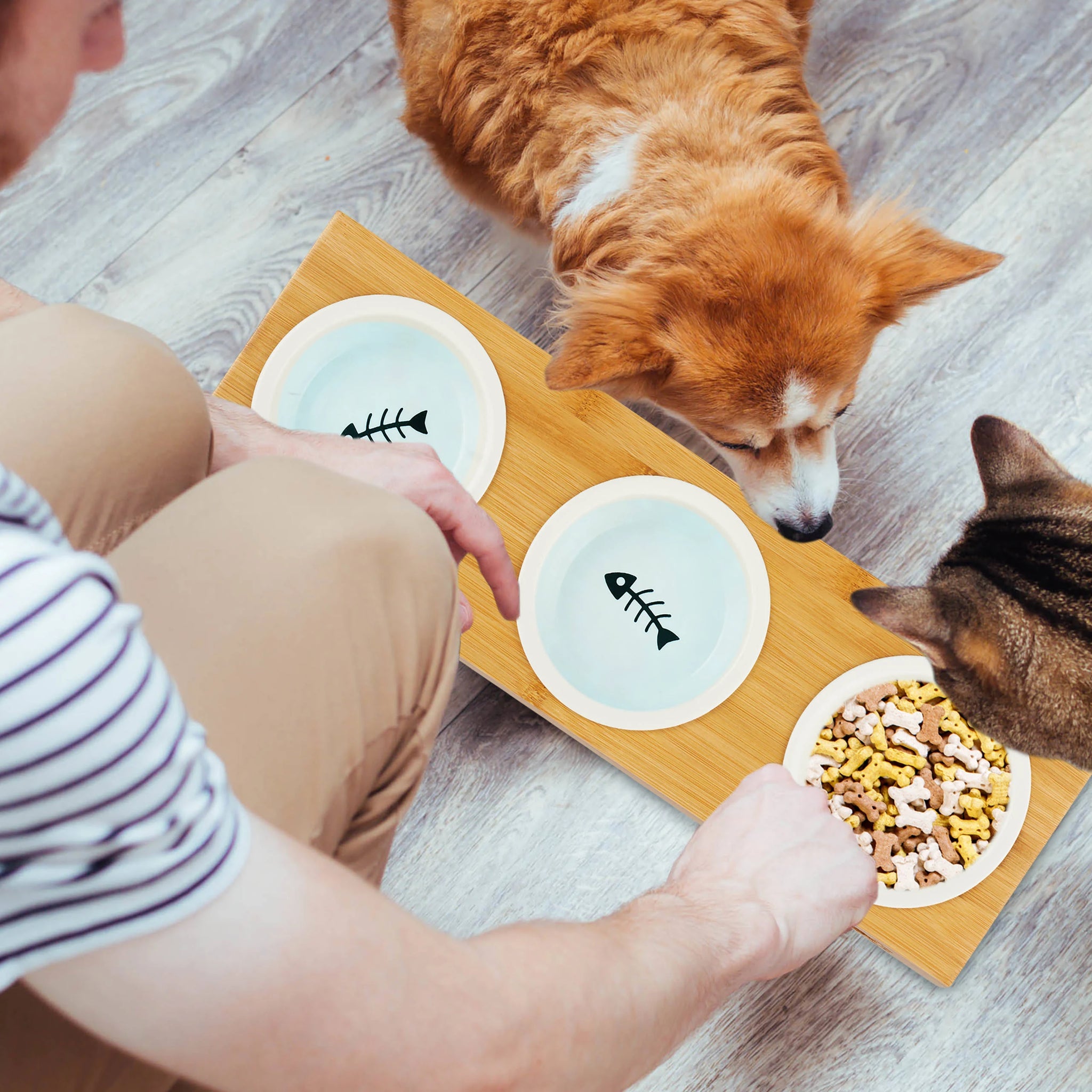 Relaxdays Bamboo Dog Feeding Station, 2 Ceramic Bowls, Water & Food, Dishwasher ...