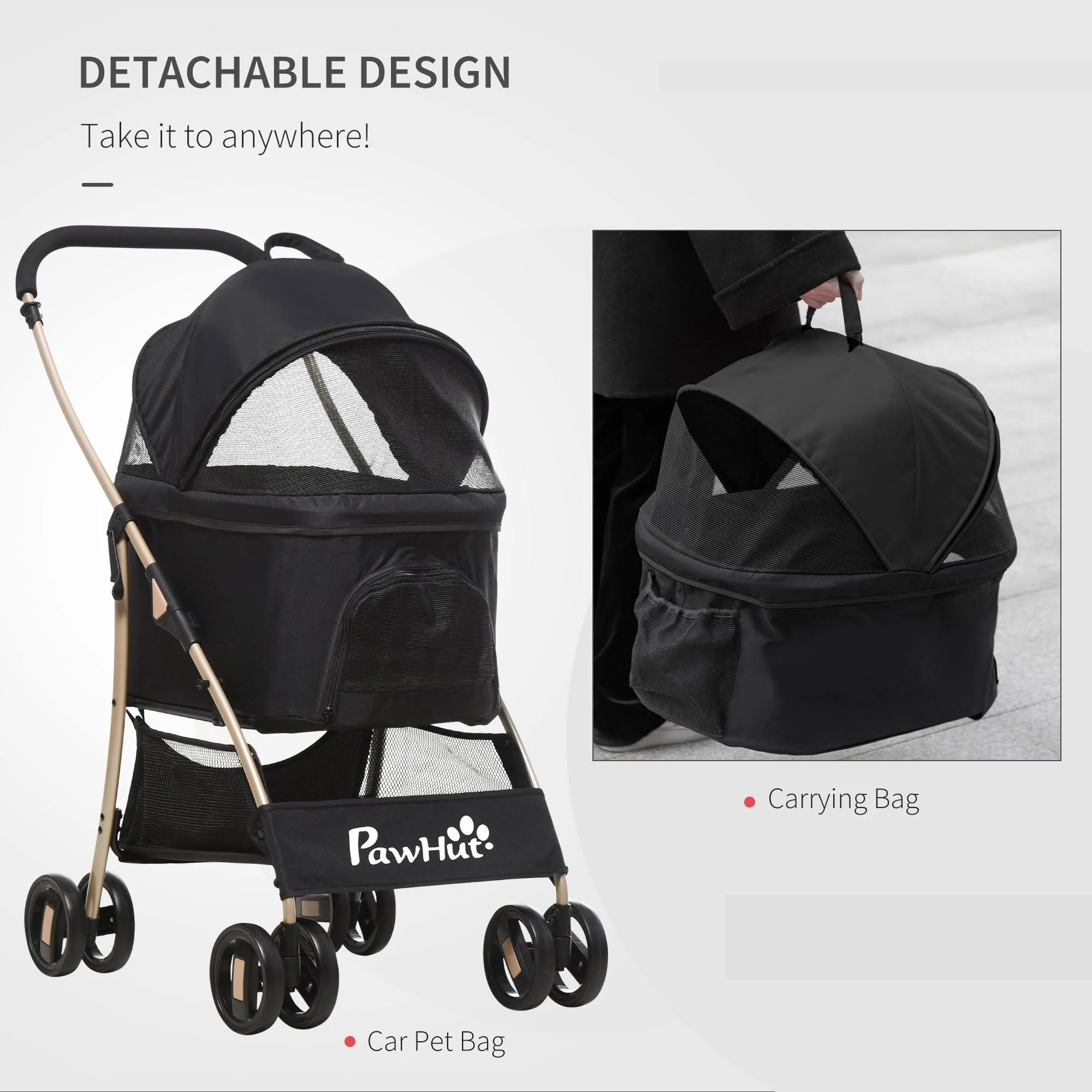 PawHut 3 in 1 Pet Stroller, Detachable Dog Cat Travel Carriage - Black