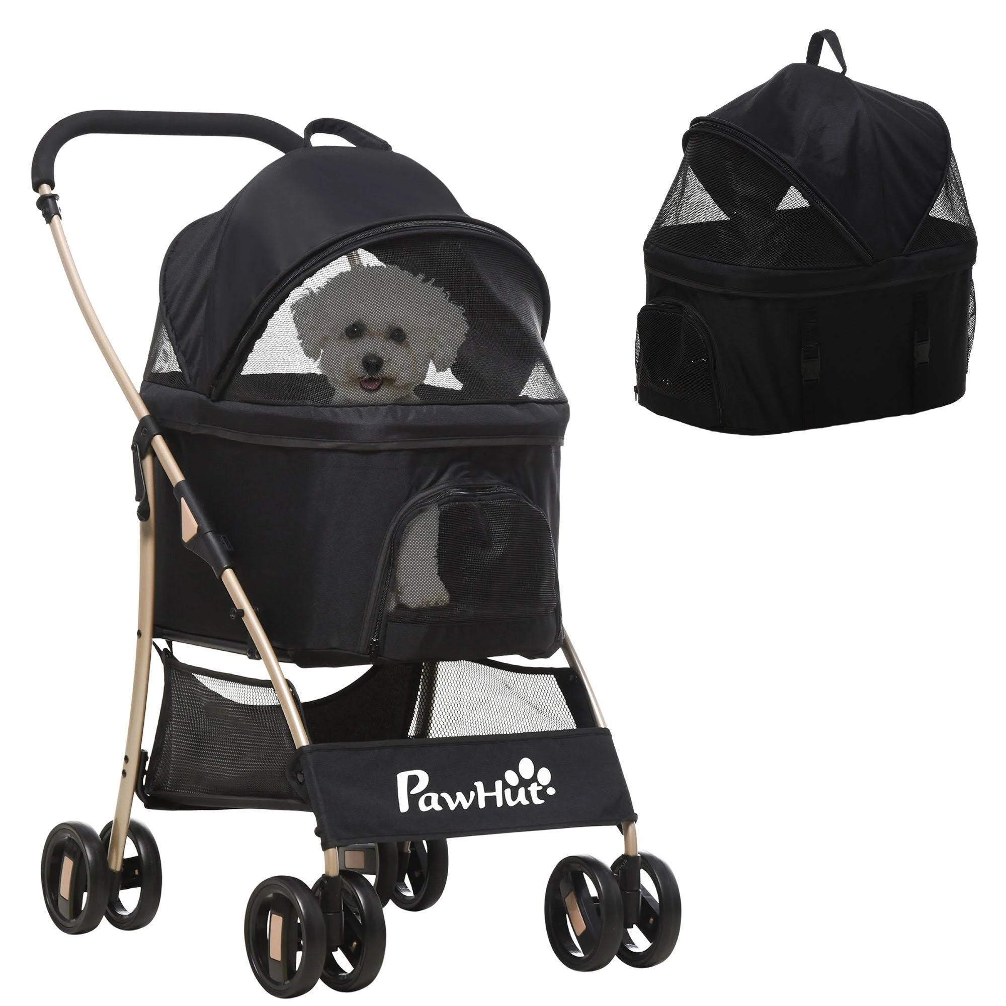 PawHut 3 in 1 Pet Stroller, Detachable Dog Cat Travel Carriage - Black