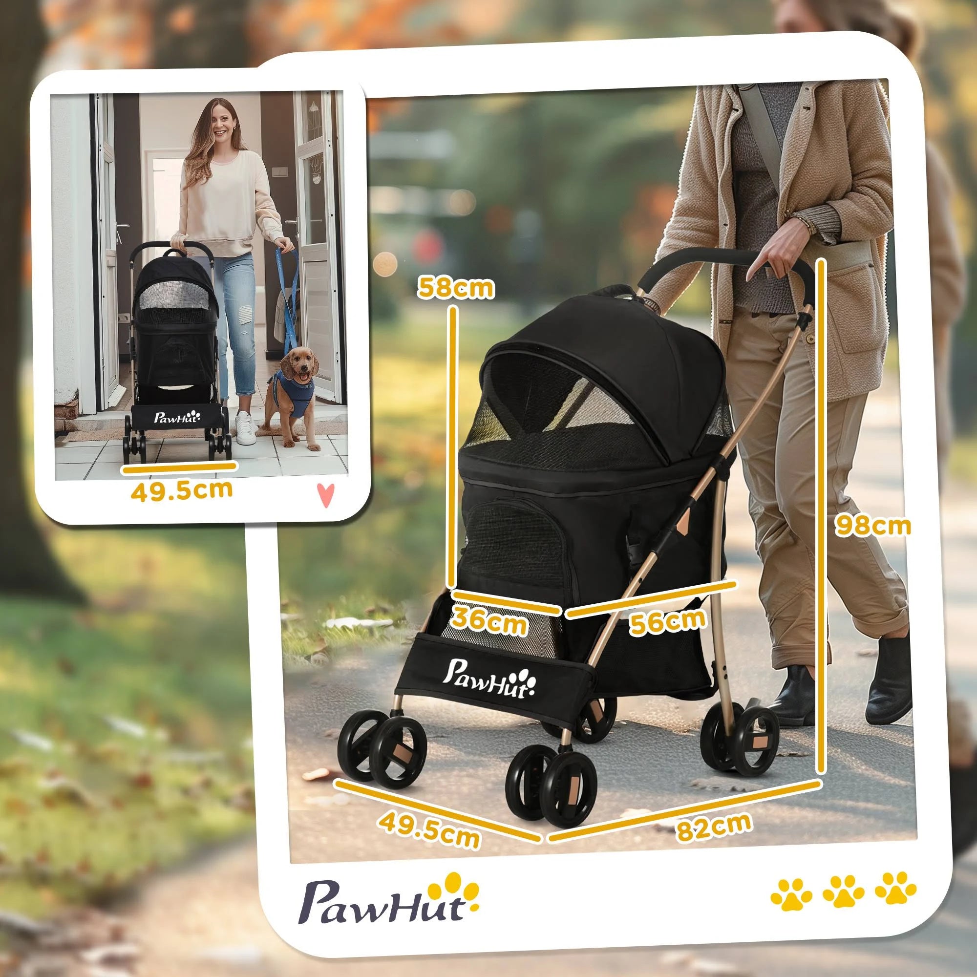 PawHut 3 in 1 Pet Stroller, Detachable Dog Cat Travel Carriage - Black