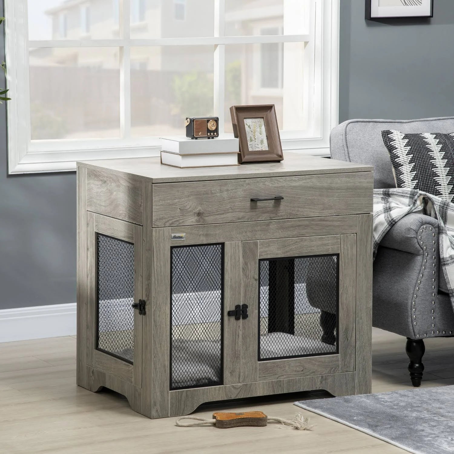 PawHut Modern Pet Crate End Table, Double Doors, For Medium Dogs
