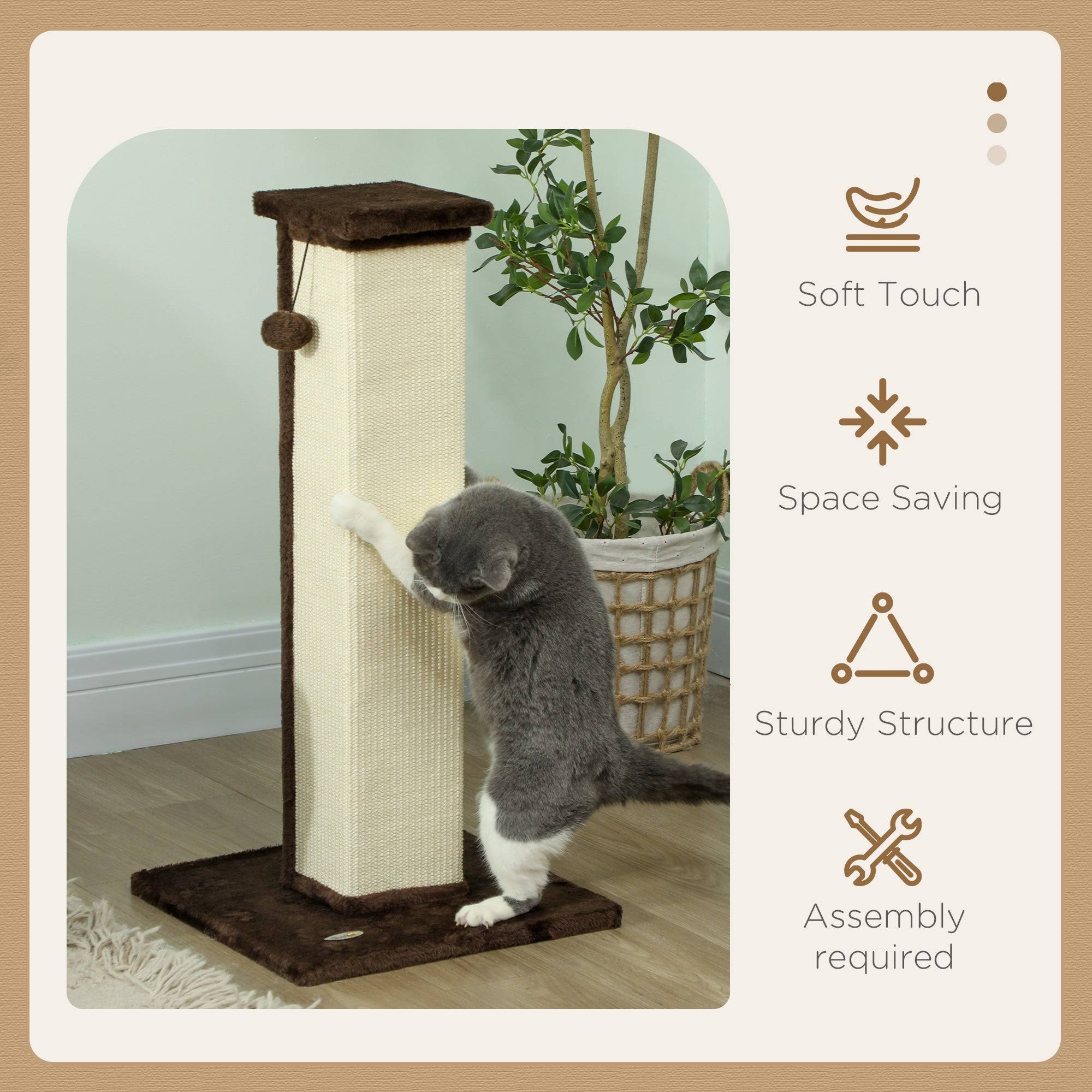 PawHut 81cm Cat Scratching Post W/ Sisal Rope, Hanging Ball Soft Plush Brown
