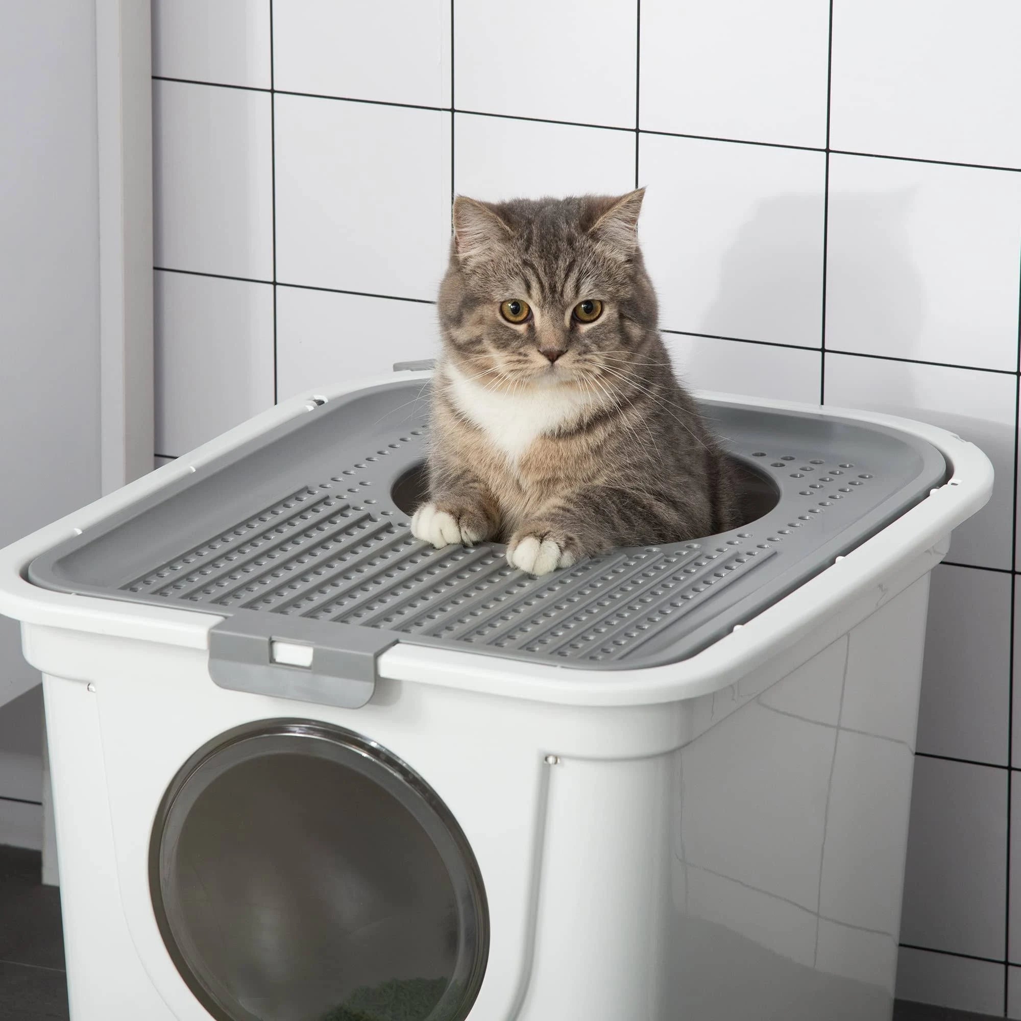 PawHut - Cat Litter Tray Pet Litter Box Toilet with Front Entrance, Top Exit - White